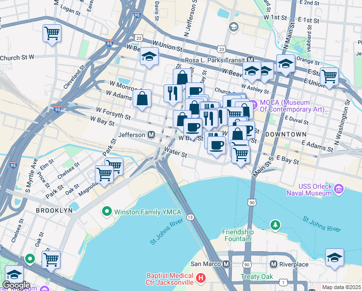 map of restaurants, bars, coffee shops, grocery stores, and more near 541 Water Street in Jacksonville
