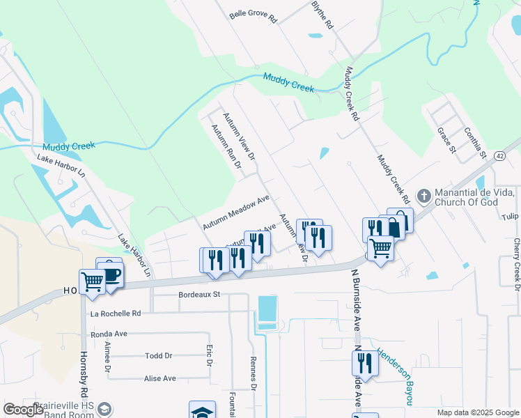 map of restaurants, bars, coffee shops, grocery stores, and more near 40147 Autumn Meadow Avenue in Prairieville