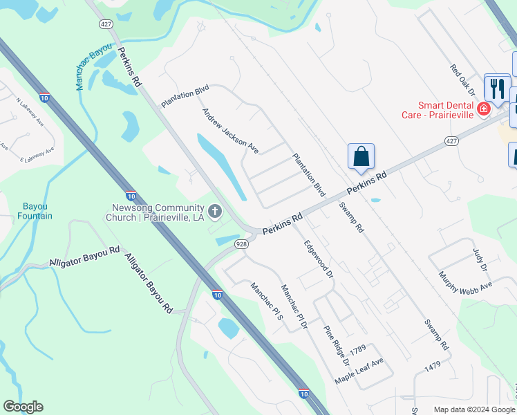 map of restaurants, bars, coffee shops, grocery stores, and more near 18425 Manchac Lake Drive in Prairieville