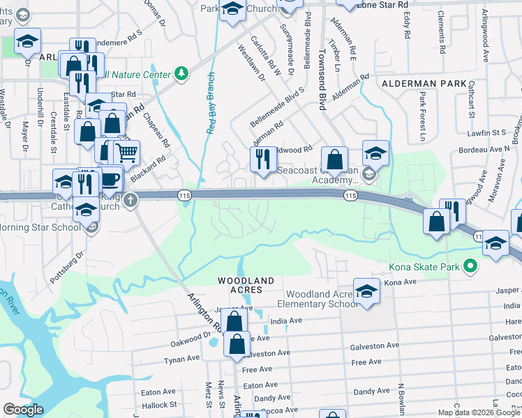 map of restaurants, bars, coffee shops, grocery stores, and more near 730 Oaks Field Road in Jacksonville