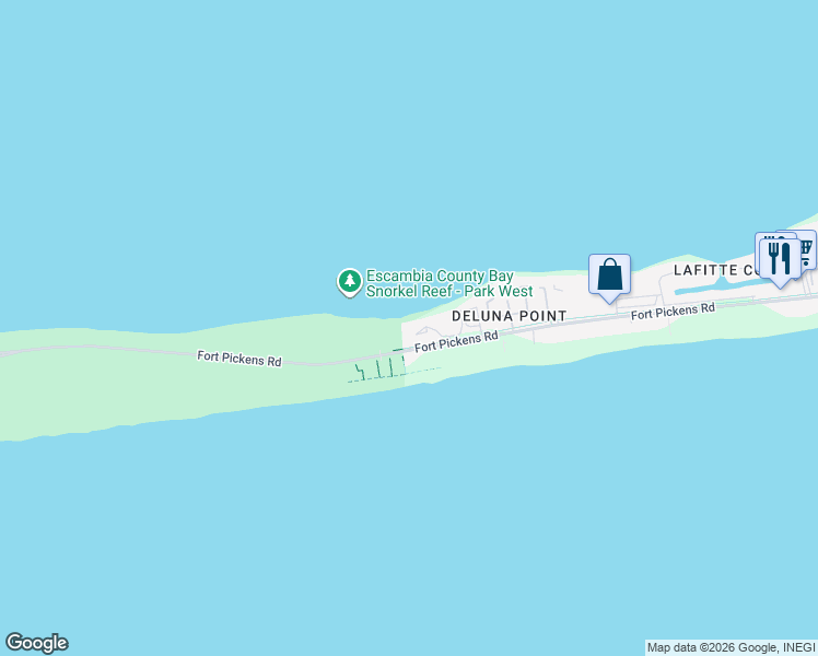 map of restaurants, bars, coffee shops, grocery stores, and more near 1390 Fort Pickens Road in Pensacola Beach