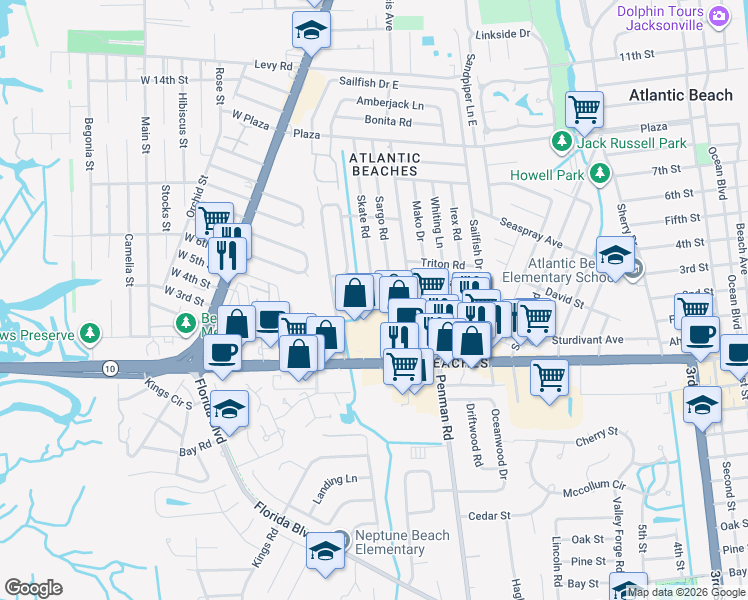 map of restaurants, bars, coffee shops, grocery stores, and more near 846 Cavalla Road in Atlantic Beach