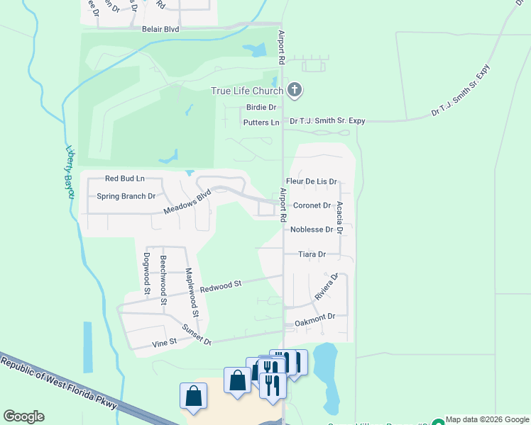 map of restaurants, bars, coffee shops, grocery stores, and more near 1 Meadows Boulevard in Slidell
