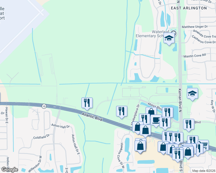 map of restaurants, bars, coffee shops, grocery stores, and more near 12055 Narrowleaf Ct in Jacksonville