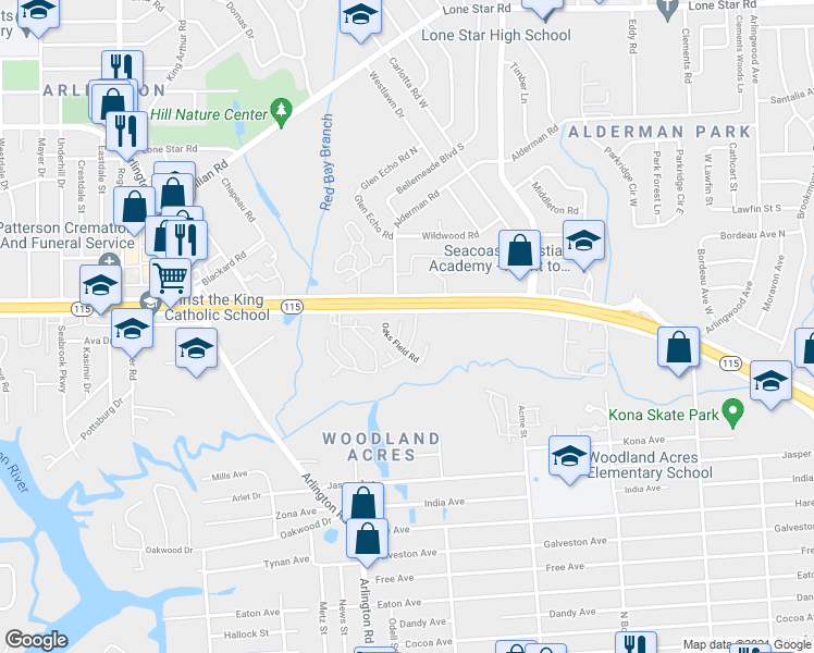 map of restaurants, bars, coffee shops, grocery stores, and more near 716 Oaks Plantation Drive in Jacksonville