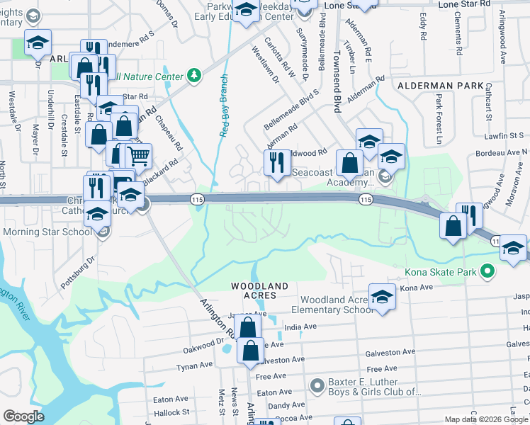 map of restaurants, bars, coffee shops, grocery stores, and more near 624 Oaks Plantation Drive in Jacksonville