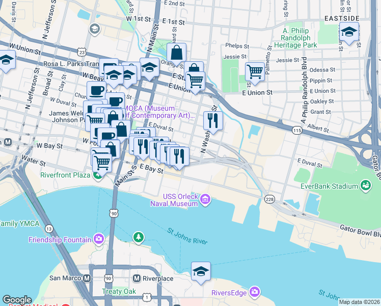map of restaurants, bars, coffee shops, grocery stores, and more near 208 North Liberty Street in Jacksonville