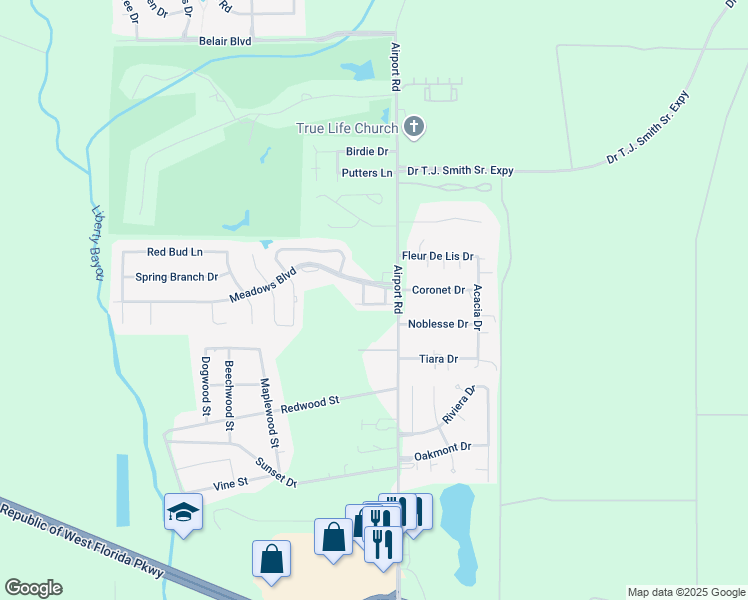 map of restaurants, bars, coffee shops, grocery stores, and more near 1 Meadows Boulevard in Slidell