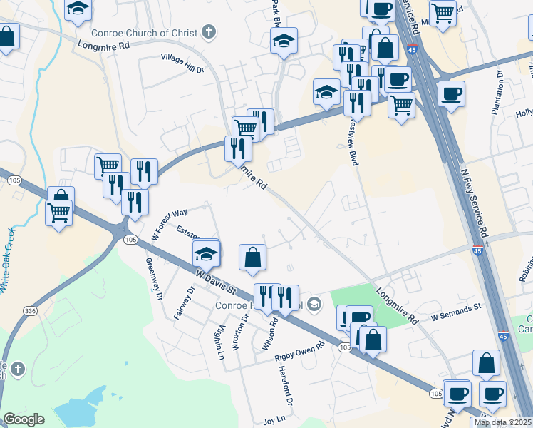 map of restaurants, bars, coffee shops, grocery stores, and more near 1009 1/2 Longmire Road in Conroe