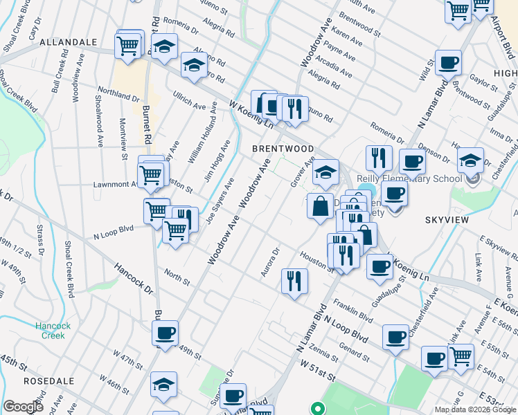 map of restaurants, bars, coffee shops, grocery stores, and more near 5600 Roosevelt Avenue in Austin