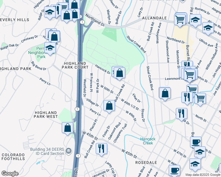 map of restaurants, bars, coffee shops, grocery stores, and more near 2818 West 50th Street in Austin