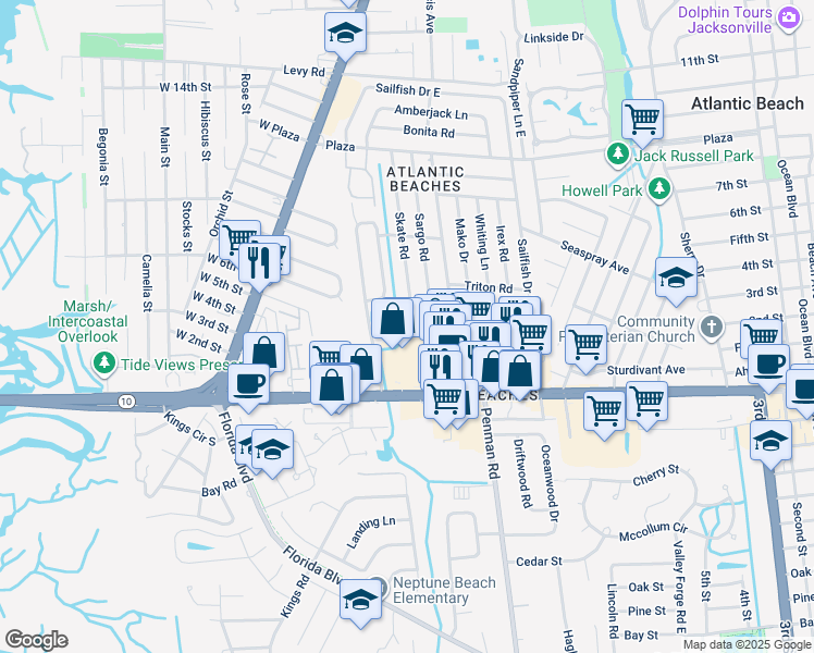 map of restaurants, bars, coffee shops, grocery stores, and more near 846 Cavalla Road in Atlantic Beach