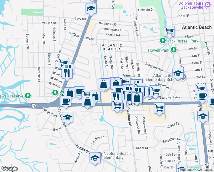 map of restaurants, bars, coffee shops, grocery stores, and more near 846 Cavalla Road in Atlantic Beach