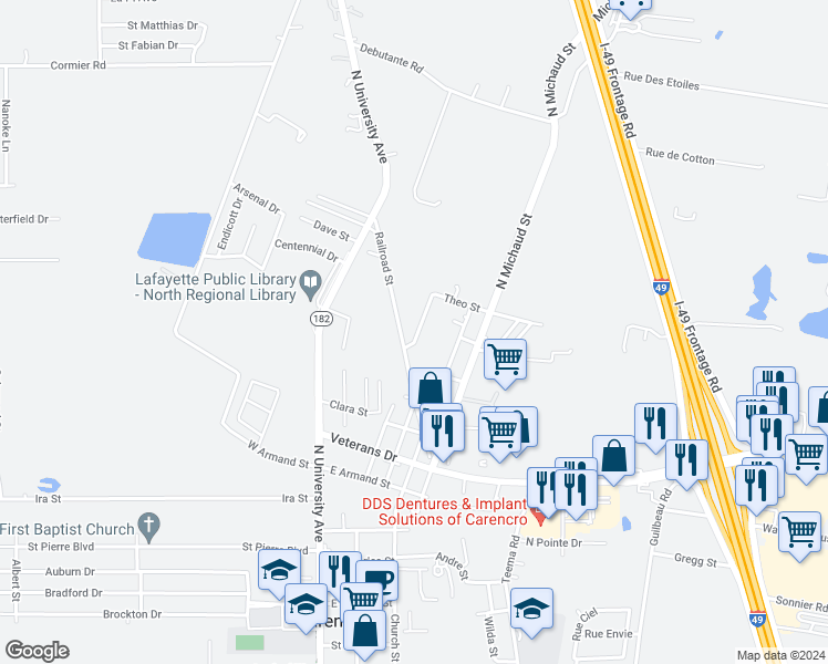 map of restaurants, bars, coffee shops, grocery stores, and more near 508 Theo St in Carencro