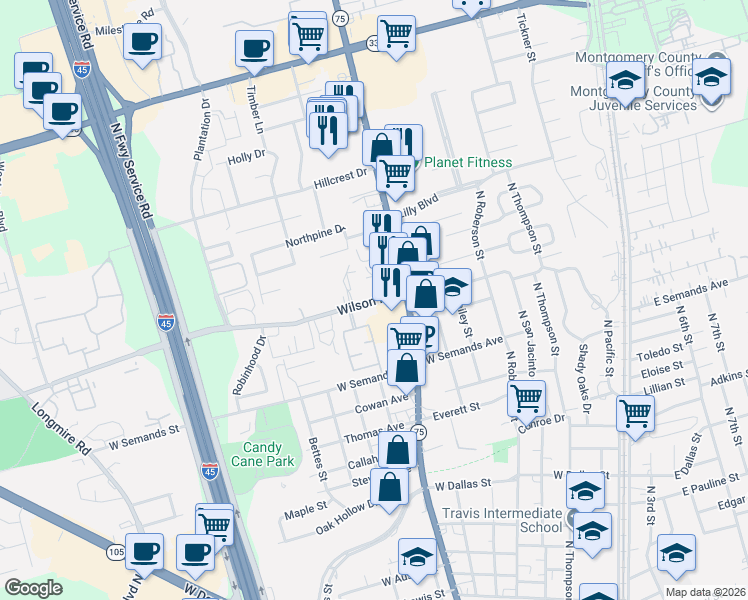 map of restaurants, bars, coffee shops, grocery stores, and more near 902 Wilson Road in Conroe