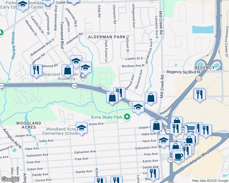 map of restaurants, bars, coffee shops, grocery stores, and more near 8237 Arlington Expressway in Jacksonville