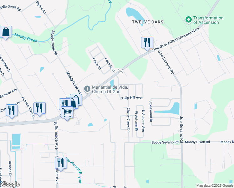 map of restaurants, bars, coffee shops, grocery stores, and more near 17473 Rosemont Drive in Prairieville