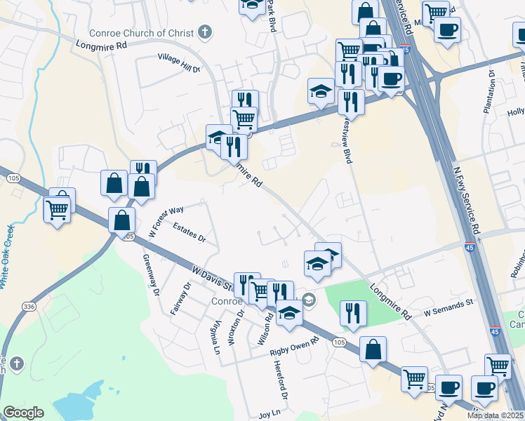 map of restaurants, bars, coffee shops, grocery stores, and more near 1009-1/2 Longmire Road in Conroe