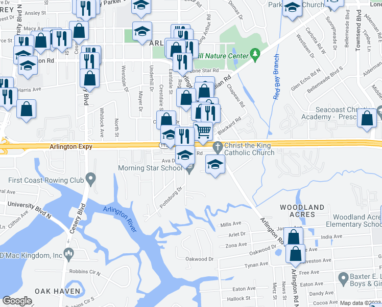 map of restaurants, bars, coffee shops, grocery stores, and more near 6822 Larkin Rd in Jacksonville