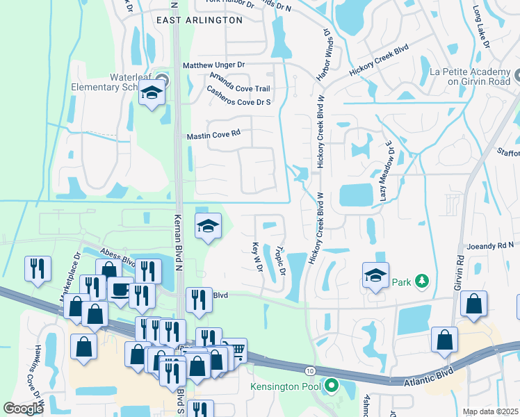 map of restaurants, bars, coffee shops, grocery stores, and more near 12722 Tropic Drive in Jacksonville