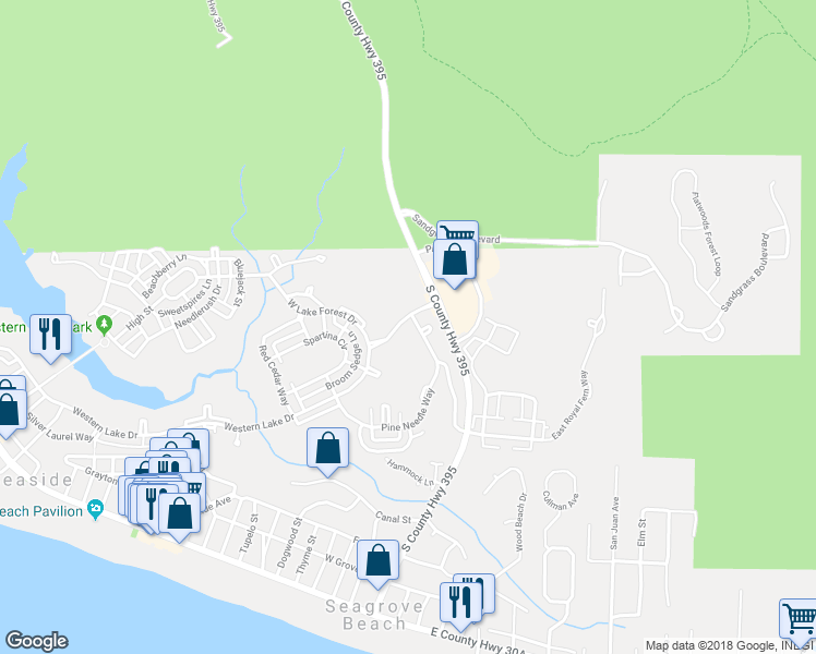 map of restaurants, bars, coffee shops, grocery stores, and more near 24 Pine Needle Way in Santa Rosa Beach