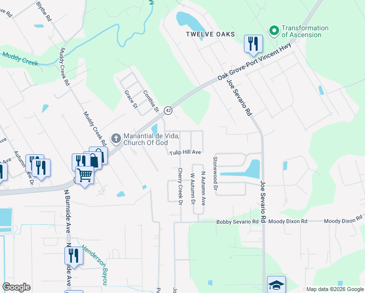 map of restaurants, bars, coffee shops, grocery stores, and more near 17470 Cherry Creek Drive in Prairieville