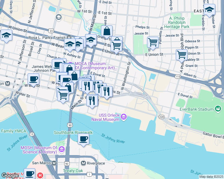 map of restaurants, bars, coffee shops, grocery stores, and more near 208 North Liberty Street in Jacksonville