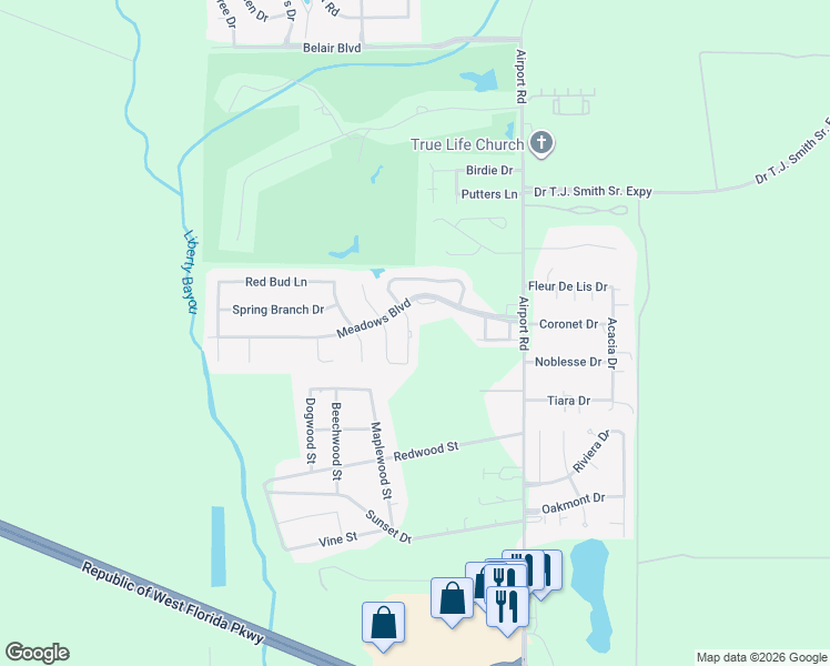 map of restaurants, bars, coffee shops, grocery stores, and more near 1117 Rose Meadow Loop in Slidell