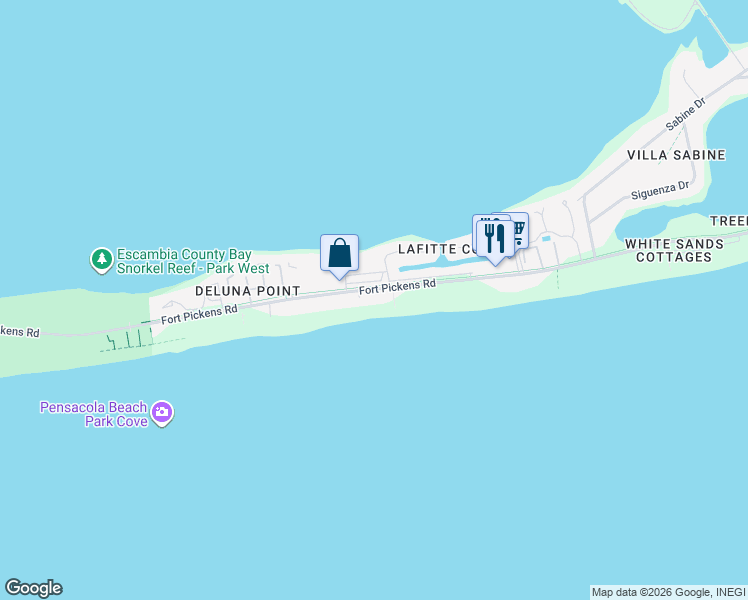 map of restaurants, bars, coffee shops, grocery stores, and more near 1111 Fort Pickens Road in Pensacola Beach