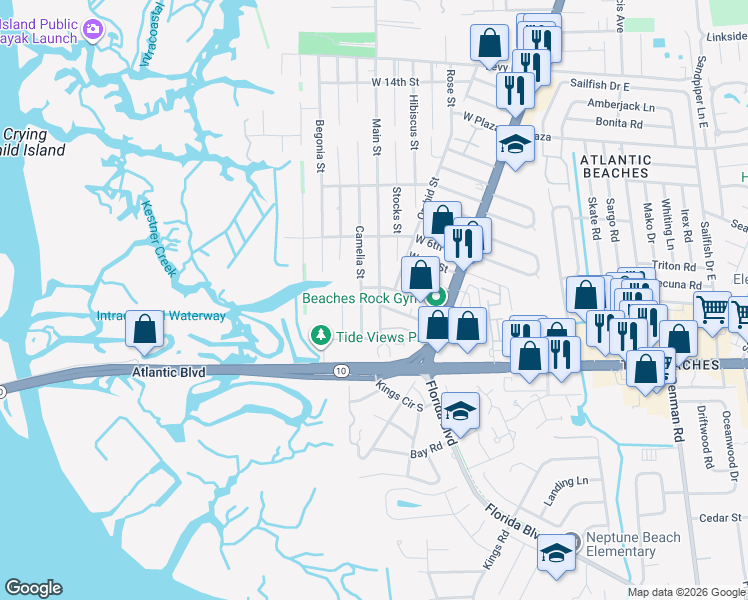 map of restaurants, bars, coffee shops, grocery stores, and more near 285 Main Street in Atlantic Beach
