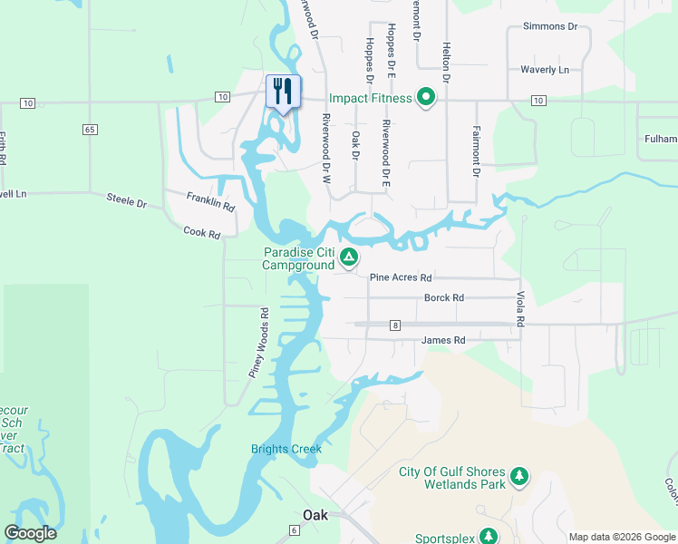 map of restaurants, bars, coffee shops, grocery stores, and more near 18725 Pine Acres Road in Gulf Shores