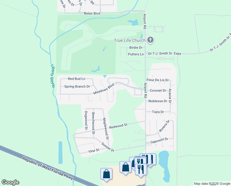 map of restaurants, bars, coffee shops, grocery stores, and more near 1108 Rose Meadow Loop in Slidell