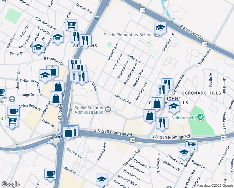 map of restaurants, bars, coffee shops, grocery stores, and more near 6900 Providence Avenue in Austin