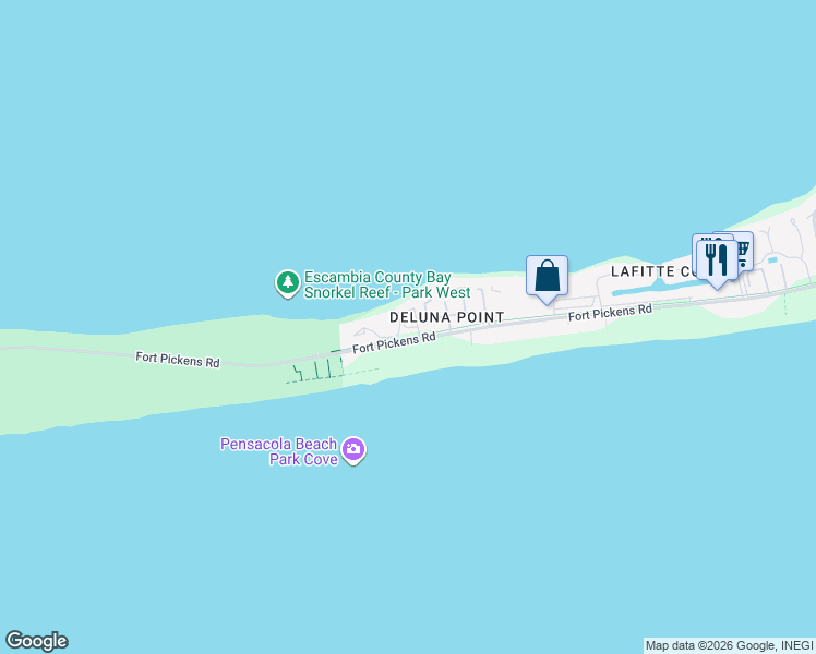 map of restaurants, bars, coffee shops, grocery stores, and more near 1300 Fort Pickens Road in Pensacola Beach