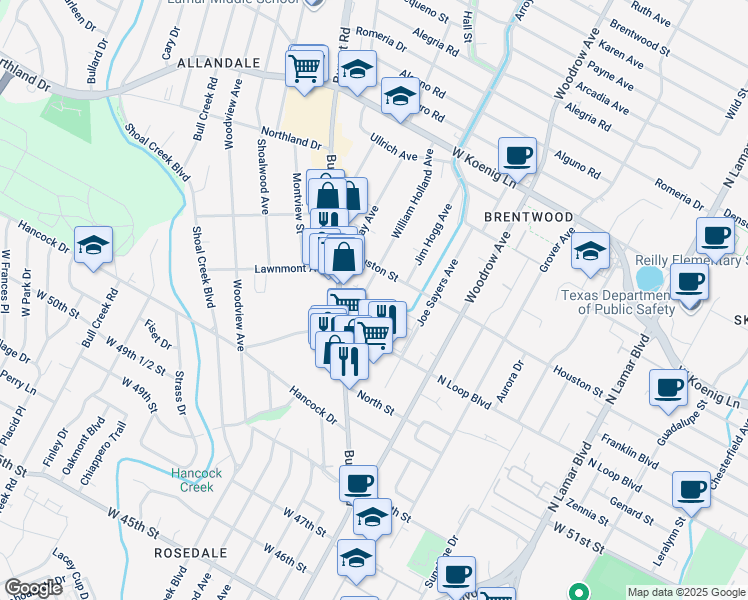 map of restaurants, bars, coffee shops, grocery stores, and more near 5319 William Holland Avenue in Austin