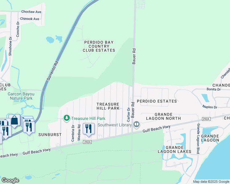 map of restaurants, bars, coffee shops, grocery stores, and more near 5183 Viking Road in Pensacola