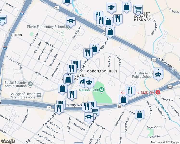 map of restaurants, bars, coffee shops, grocery stores, and more near 1428 Reagan Hill Drive in Austin