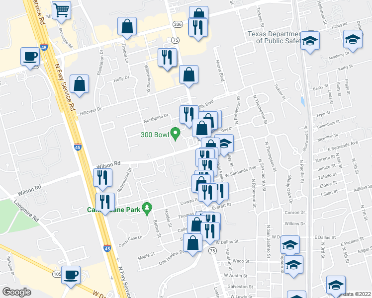 map of restaurants, bars, coffee shops, grocery stores, and more near 904 Wilson Road in Conroe