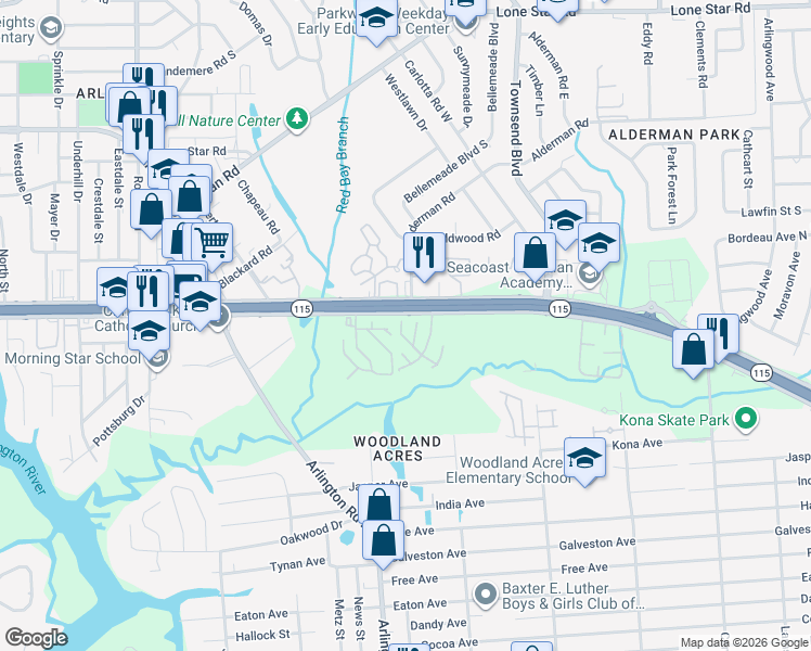 map of restaurants, bars, coffee shops, grocery stores, and more near 624 Oaks Plantation Drive in Jacksonville