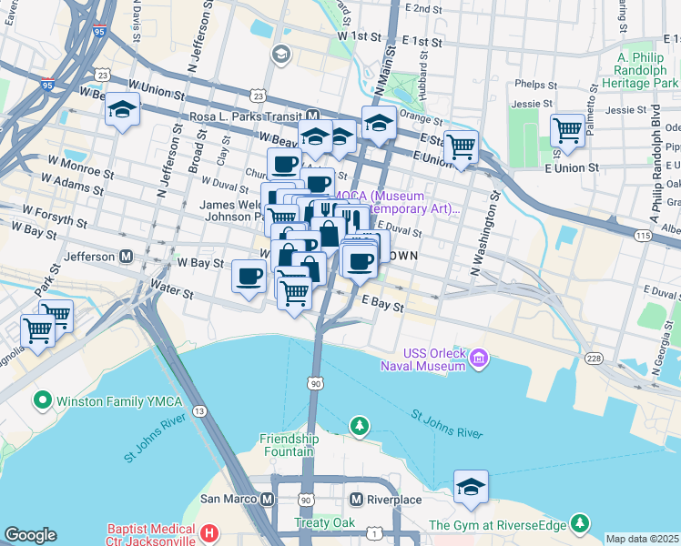 map of restaurants, bars, coffee shops, grocery stores, and more near 40 East Adams Street in Jacksonville