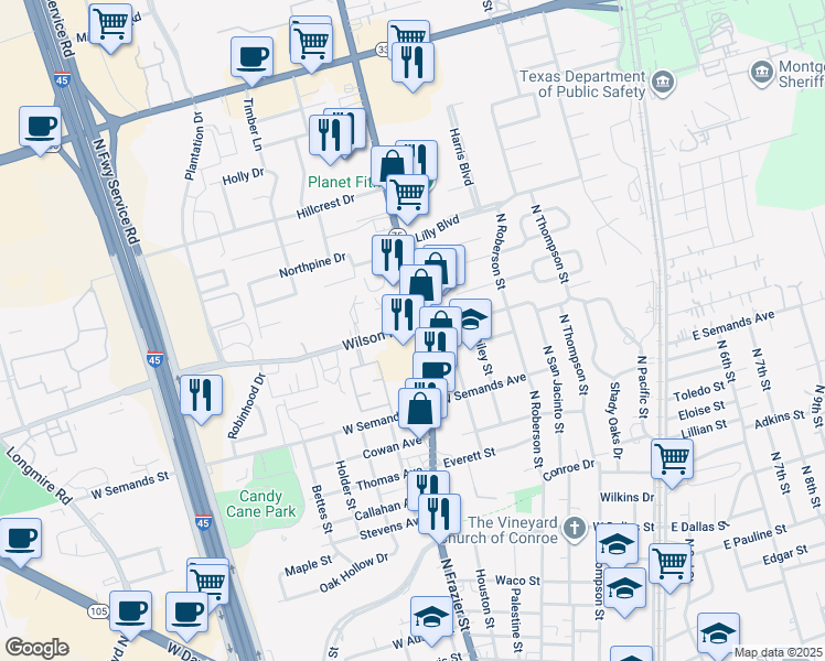 map of restaurants, bars, coffee shops, grocery stores, and more near 902 Wilson Road in Conroe