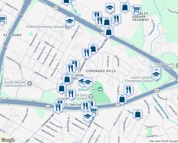 map of restaurants, bars, coffee shops, grocery stores, and more near 1428 Reagan Hill Drive in Austin