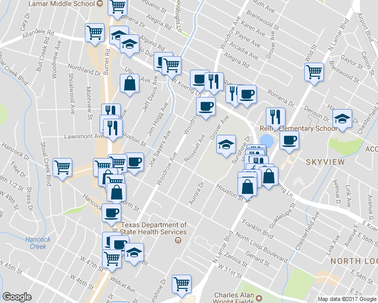 map of restaurants, bars, coffee shops, grocery stores, and more near 5600 Roosevelt Avenue in Austin