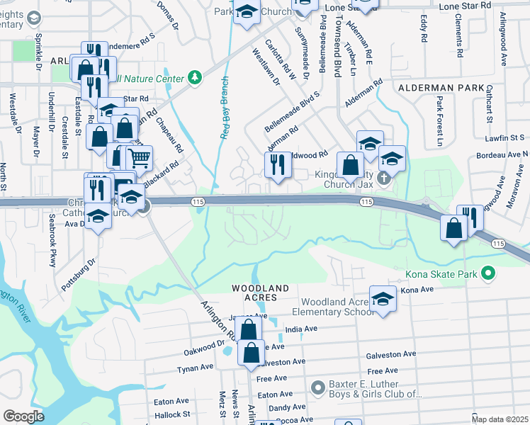 map of restaurants, bars, coffee shops, grocery stores, and more near 624 Oaks Plantation Drive in Jacksonville