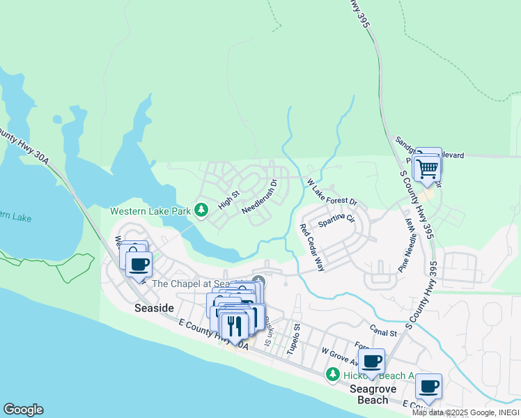 map of restaurants, bars, coffee shops, grocery stores, and more near 90 Scrub Oak Circle in Santa Rosa Beach