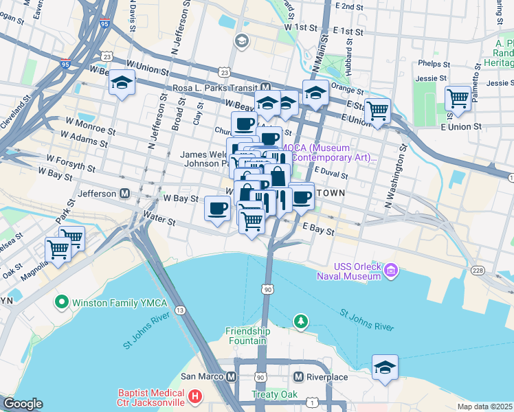 map of restaurants, bars, coffee shops, grocery stores, and more near 69 North Laura Street in Jacksonville