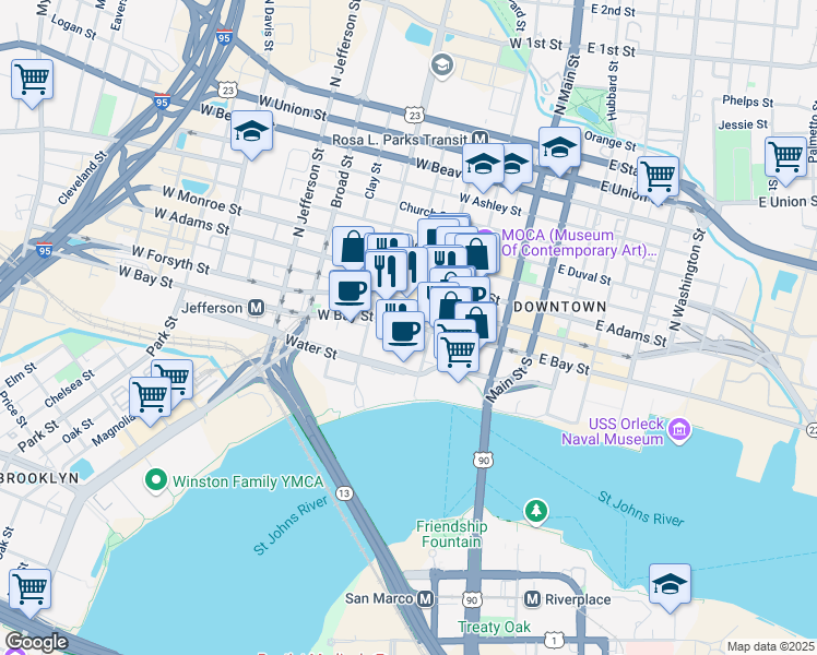 map of restaurants, bars, coffee shops, grocery stores, and more near 270 West Bay Street in Jacksonville