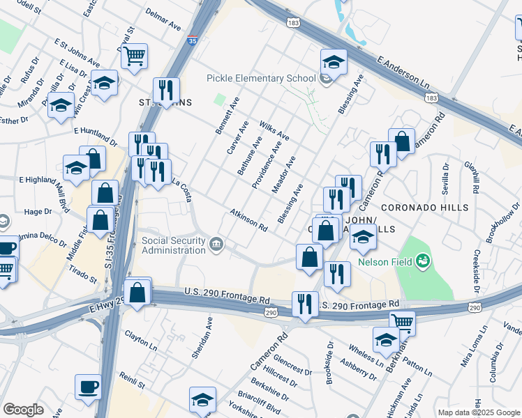 map of restaurants, bars, coffee shops, grocery stores, and more near 6910 Meador Avenue in Austin