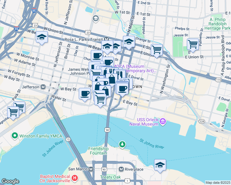 map of restaurants, bars, coffee shops, grocery stores, and more near 11 East Forsyth Street in Jacksonville