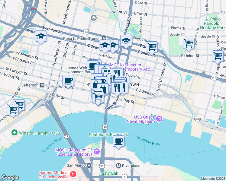 map of restaurants, bars, coffee shops, grocery stores, and more near 401 East Forsyth Street in Jacksonville
